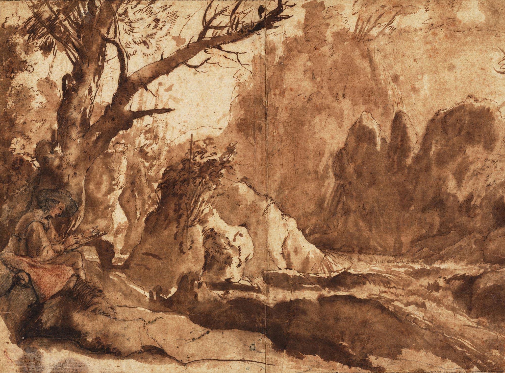Paysage rocheux avec un dessinateur prs dun ruisseau
